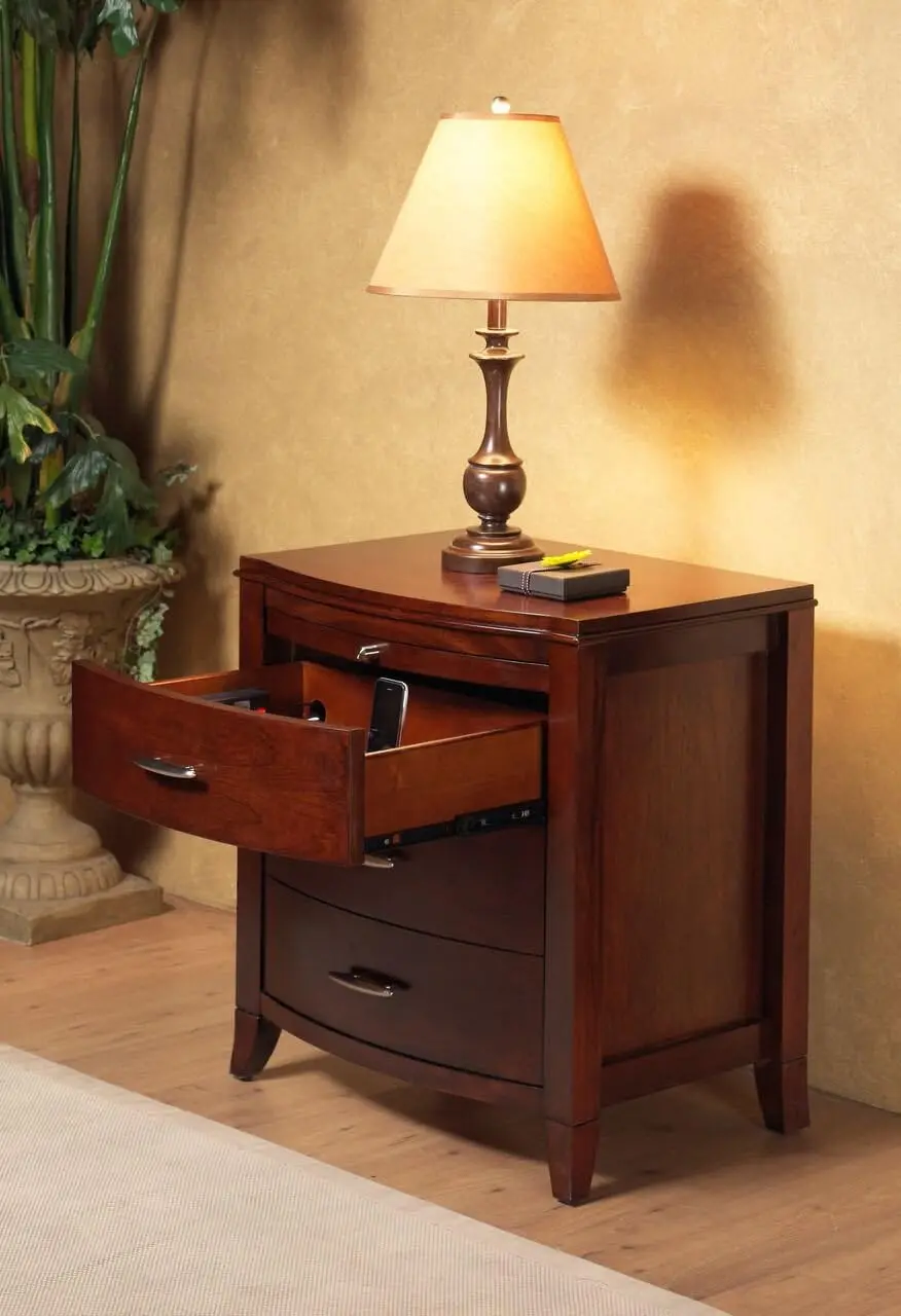 Solid Wood Nightstand 3 Drawer with Charging Station Brighton Cinnamon Satin Nickel Drawer Pulls Add A Contemporary Touch