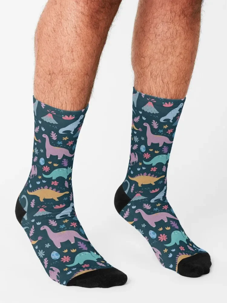 Chaussettes à motif de dinosaure avec fleurs et volcans pour hommes et femmes, cadeaux de sport