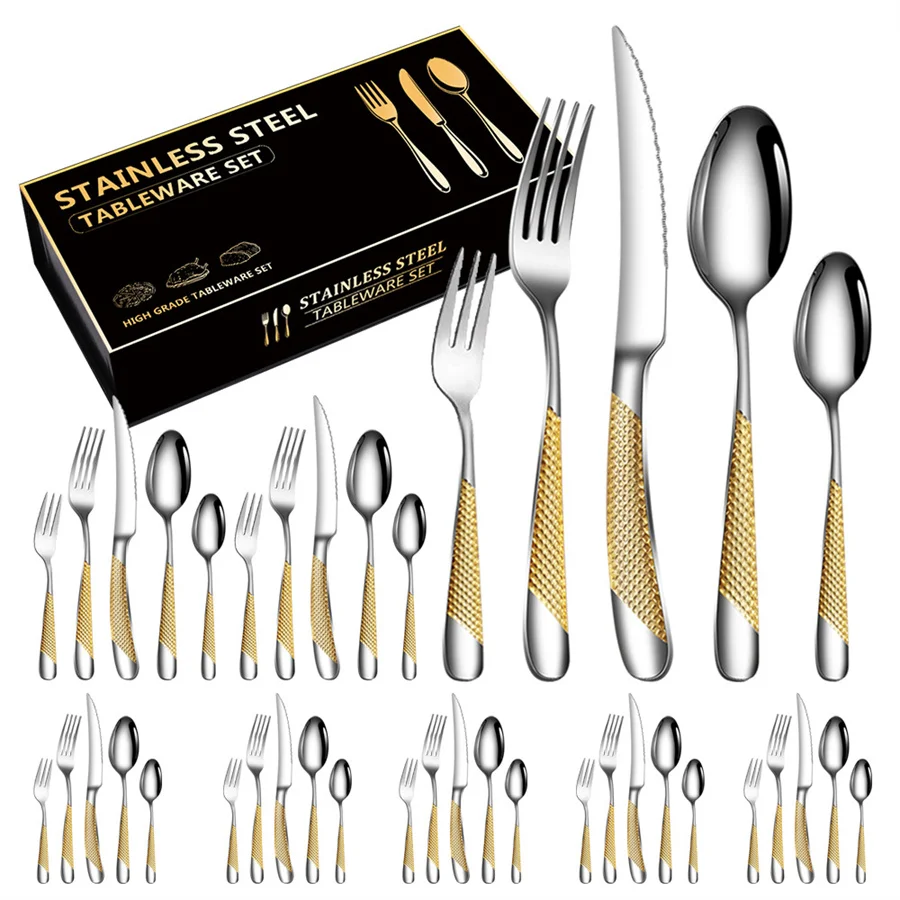 Stainless Steel Cutlery Set, Steak Knife, Fork, Spoon, High Quality Tableware, Large Package, 40Pcs, Set