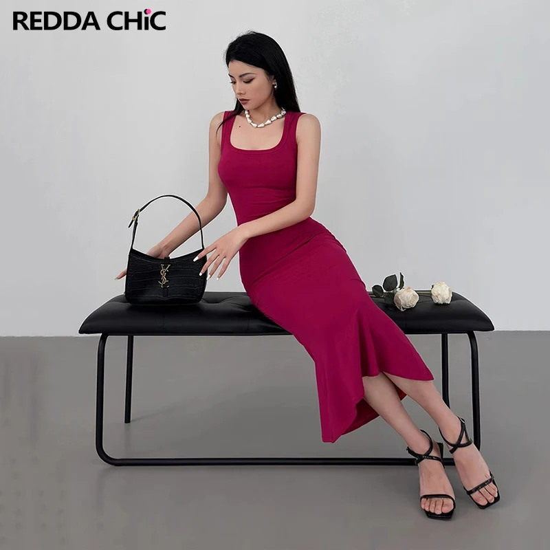 

REDDACHiC Rib Knitted Women Bodycon Dress Rosered Midi Long Fishtail Casual Basic Solid Suspender Dress Acubi Fashion Streetwear