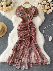 Francuska sukienka z nadrukiem w stylu vintage damska elegancka sznurkiem kwiatowy seksowny dekolt w serek obcisłe sukienki letnia sukienka z krótkim rękawem typu fishtail