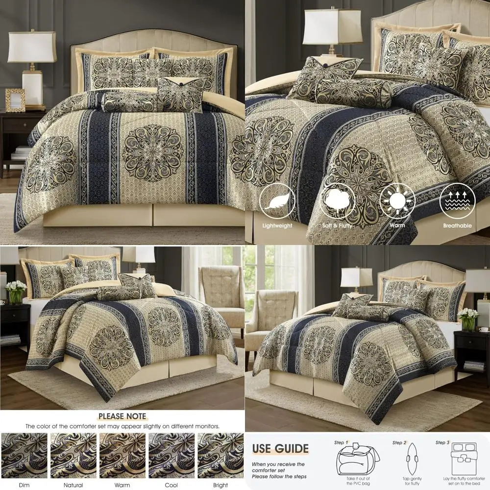 

Роскошный темно-синий жаккардовый комплект постельного белья из 7 предметов в богемном стиле с декоративными подушками и юбкой