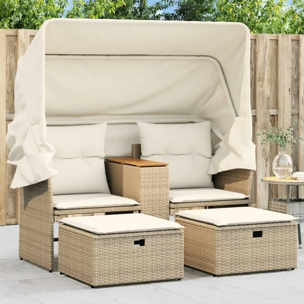 Patio Sofa 2-Seater with Canopy and Stools Beige Poly Rattan,Outdoor Rattan Sofa Set with Retractable Canopy and Footstools