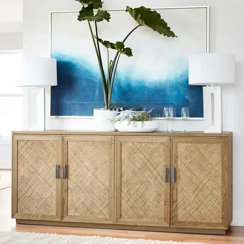 American solid wood dining side cabinet natural rattan multi-functional tea cabinet living room log color door cabinet