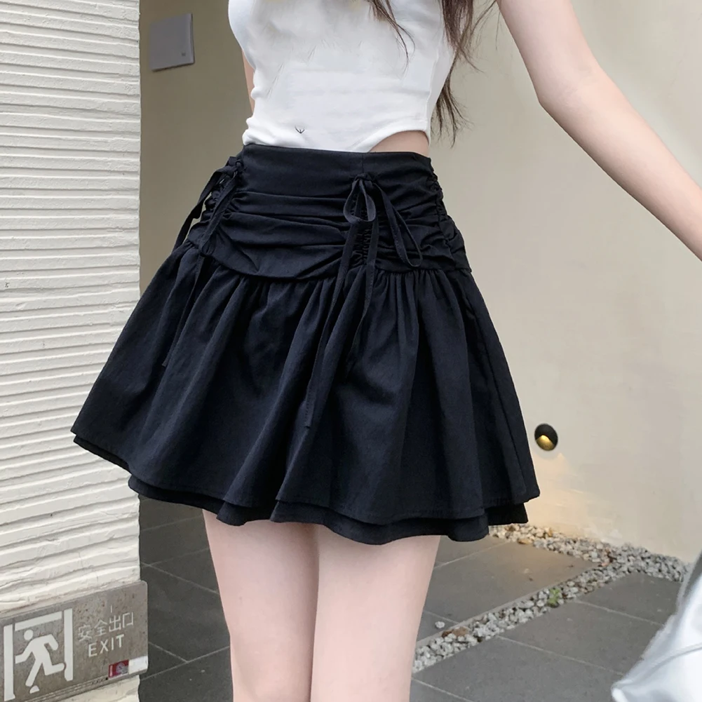 عارضة الساخن فتاة الزي الربيع أزياء عارضة تنورة القوس الأسود مطوي تنورة الزي اليومي نمط الصلبة مرونة قليلا #5