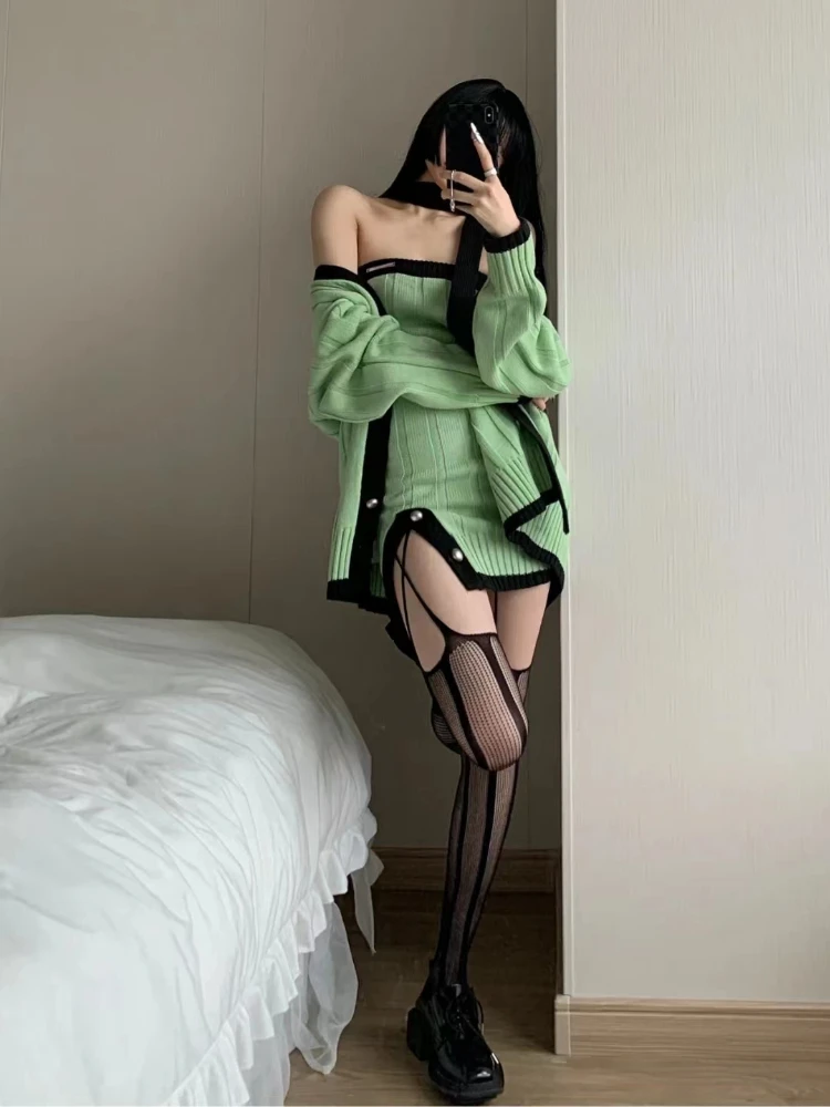 2023 Autumn Green Knitted Suits Casual Elegant Cardigan Top + Y2k Sexy Mini Dress Korea Fashion Clothing 2 Piece Dress Set New