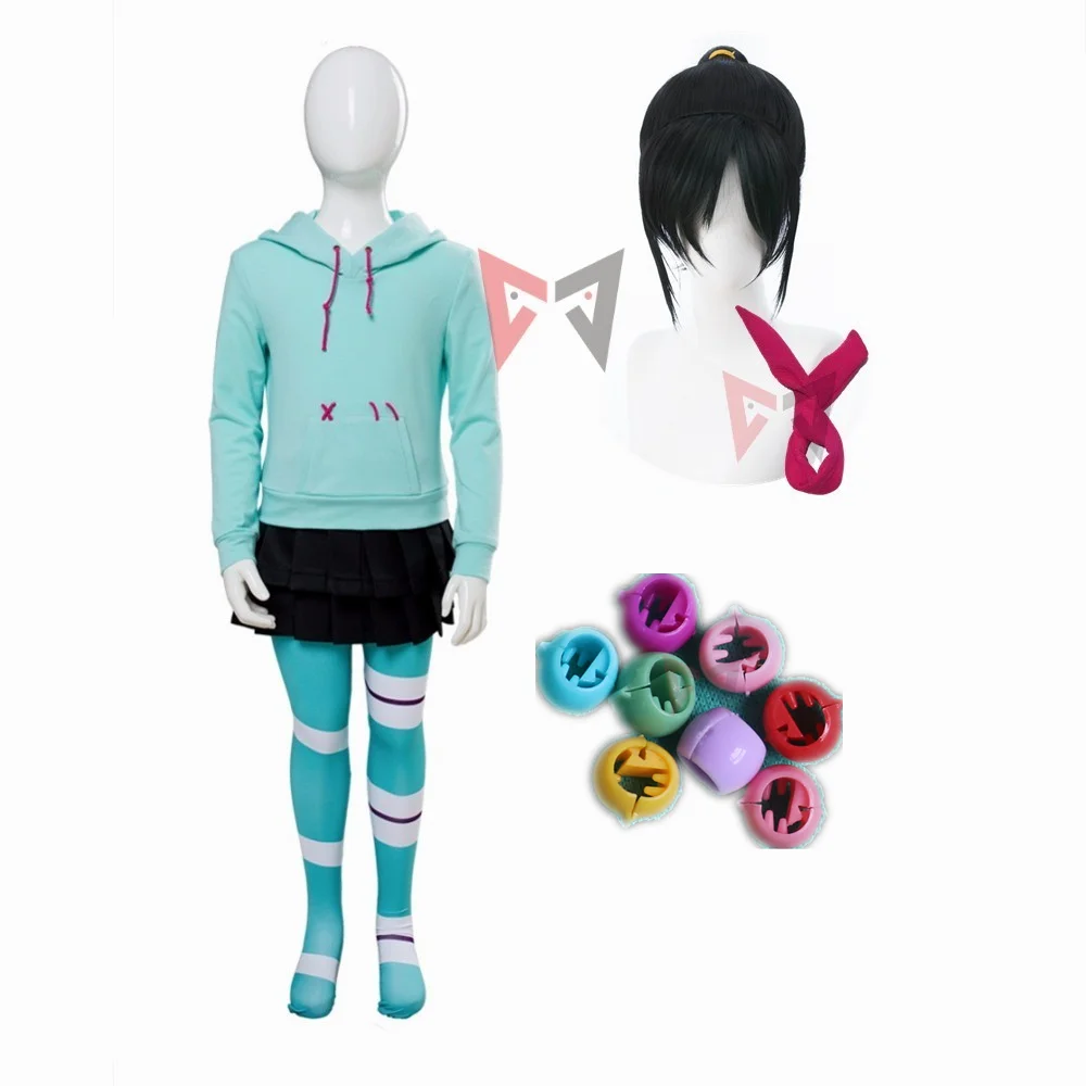 Movie Vanellope Von Schweetz Cosplay Costume  Ralph Breaks Hoodies Skirt Tight Headband Anime Set