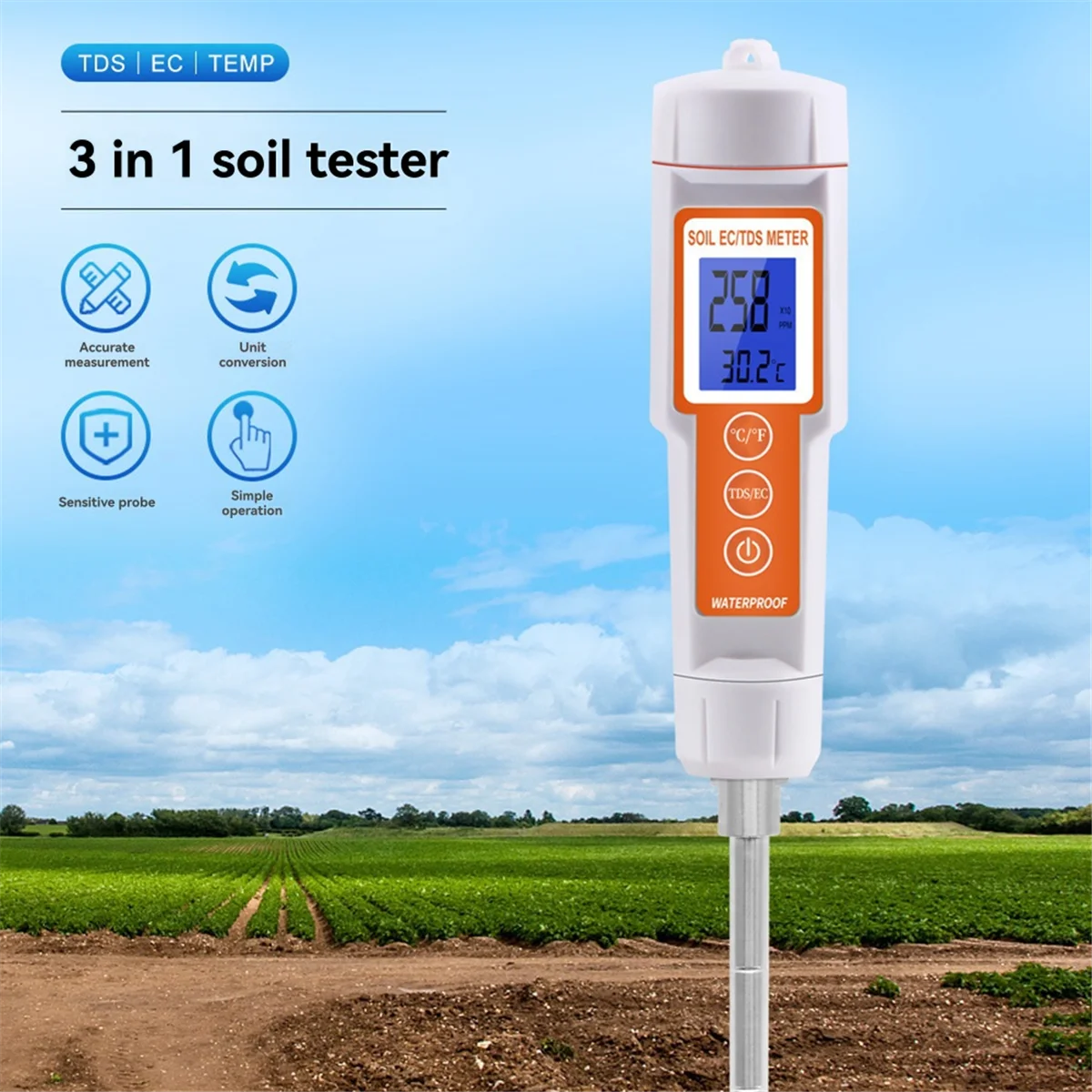 ABJZ 3-in-1 Soil EC TDS Meter Digital Soil Monitor Temperature Tester for Gardening Plants Farming Horticulture