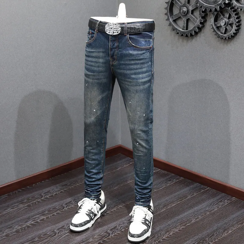 

Street Fashion Men Jeans Retro Washed Blue Stretch Skinny Fit Ripped Jeans Men Painted Designer Hip Hop Brand Denim Pants Hombre