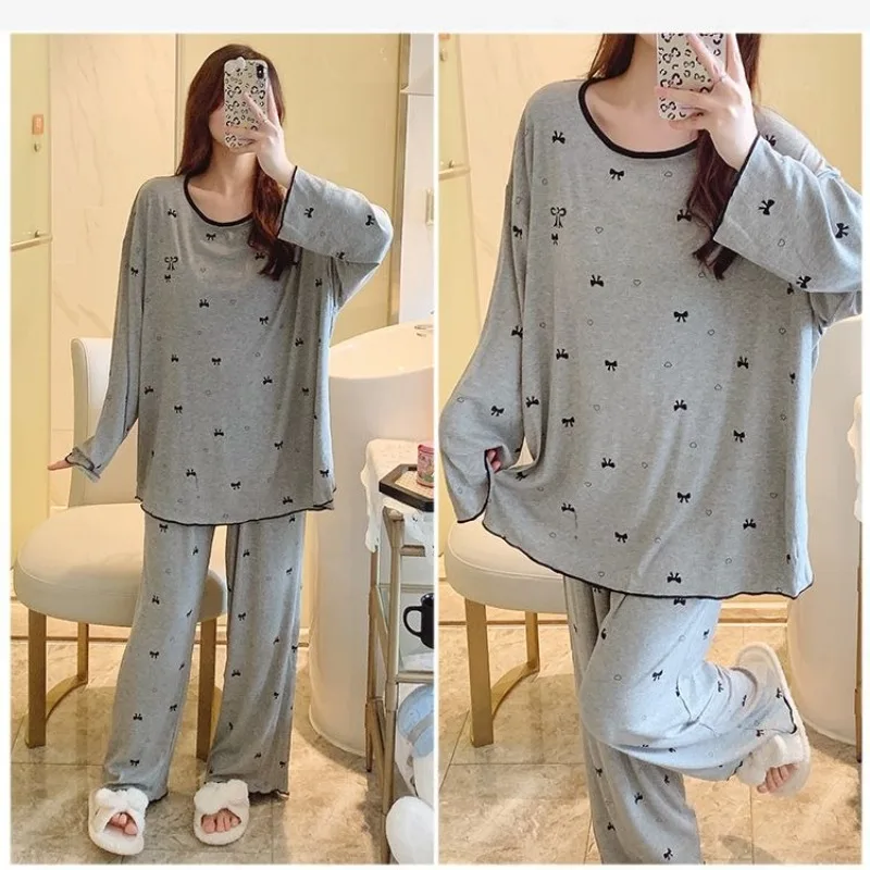 M-5XL حجم كبير 2 قطعة/المجموعة النساء منامة مع منصات الصدر ربيع الخريف طويلة الأكمام فضفاضة Homesuit ملابس خاصة يمكن ارتداؤها في الخارج