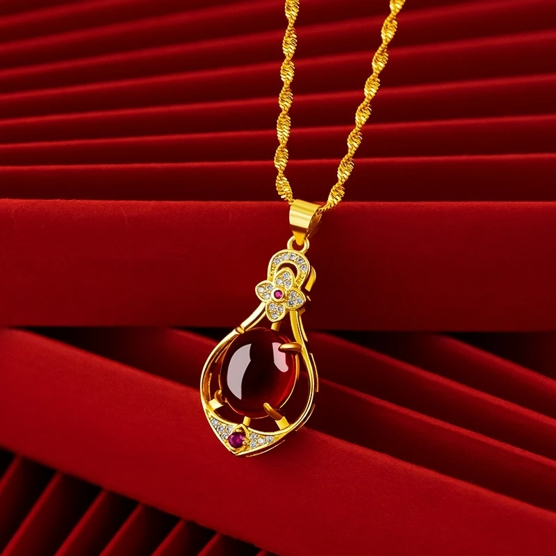 Water Drop Red Crystal Necklace Real Gold Plated 45Cm Woolen Chain Four-Leaf Clover Ruby Pendant Women Gift