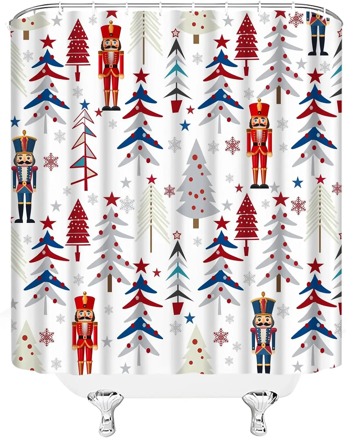 Christmas Shower Curtain,Nutcracker Xmas Tree Snowflake Winter Holiday Red Blue Gray Bathroom Home Curtain Decor with Hooks