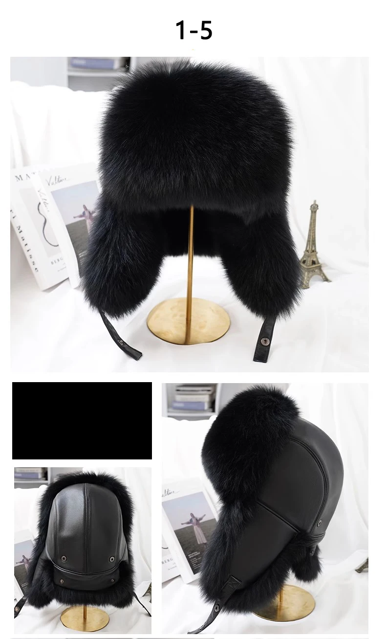 Winter 100% Echtes Silberfuchsfell Bombermütze Waschbärpelz Mütze Neue Herren-Ushanka Trapper Russische Herren-Skimütze Echte Lederkappen – Detail 25