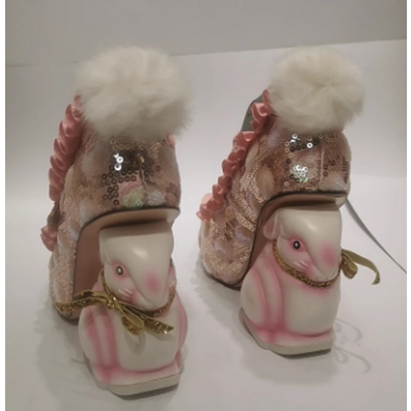 لطيف الأرنب كعب مطرزة الوردي الدانتيل ماري جين أحذية امرأة الربيع والخريف الحلو لوليتا نمط أحذية عالية الكعب على شكل الكعوب مضخات #2