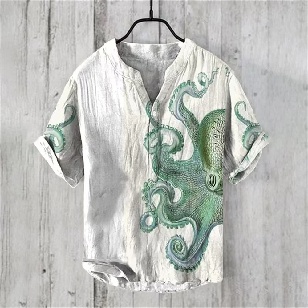 New Fashion Harajuku V-neck Casual Men's Shirt Octopus 3D Printed Summer Short Sleeve Men's Shirt Camisas Casuais