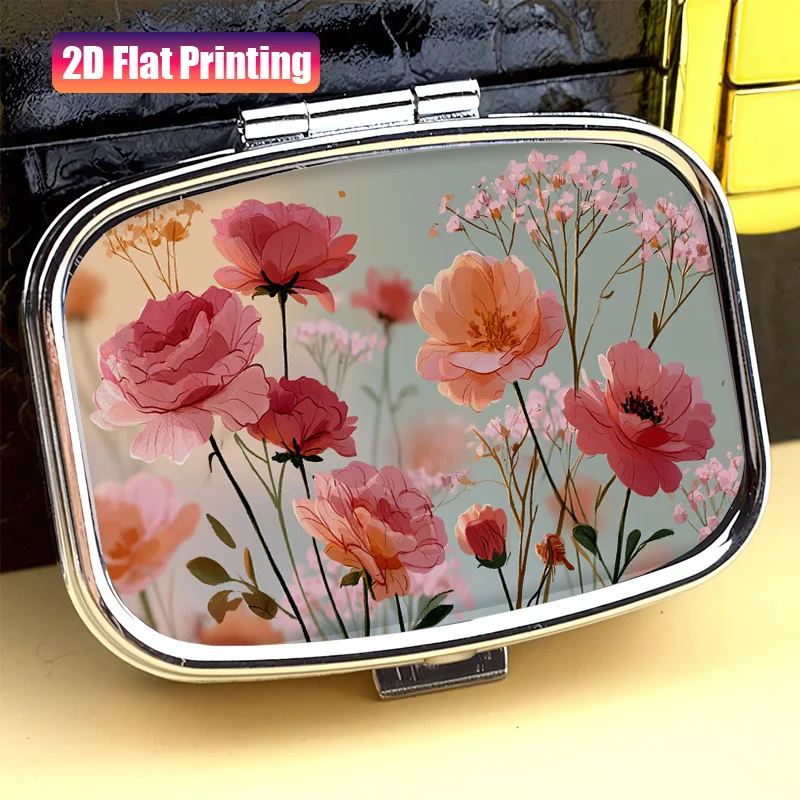 1 red-orange floral 3-compartment portable box, flat single-sided printing. Vitamin storage box, suitable for use in a purse or wallet, multifunctional small jewelry storage box, essential travel accessory and top choice