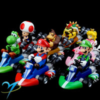 Super Mario Pull Back Car 12cm Anime Green Yoshi Donkey Kong Bowser Luigi Toad Princess Figure Toys PVC model Doll Kid Gifts