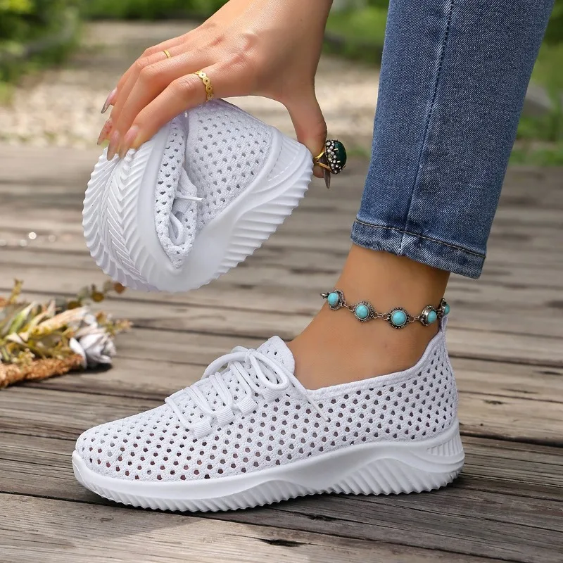 Übergrößen Damenschuhe Frühling und Herbst Neue Runde Spitze Tiefer Schaft Schnürung Atmungsaktive Mesh Freizeitschuhe