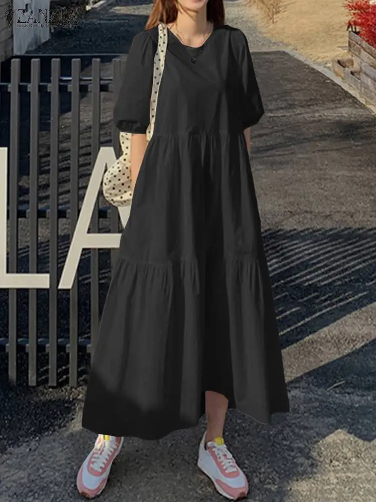 Elegancka jednolita sukienka damska letnia Sundress ZANZEA 2023 Casual Maxi na krótki rękaw Vestidos damska O szyi szata damska oversizes