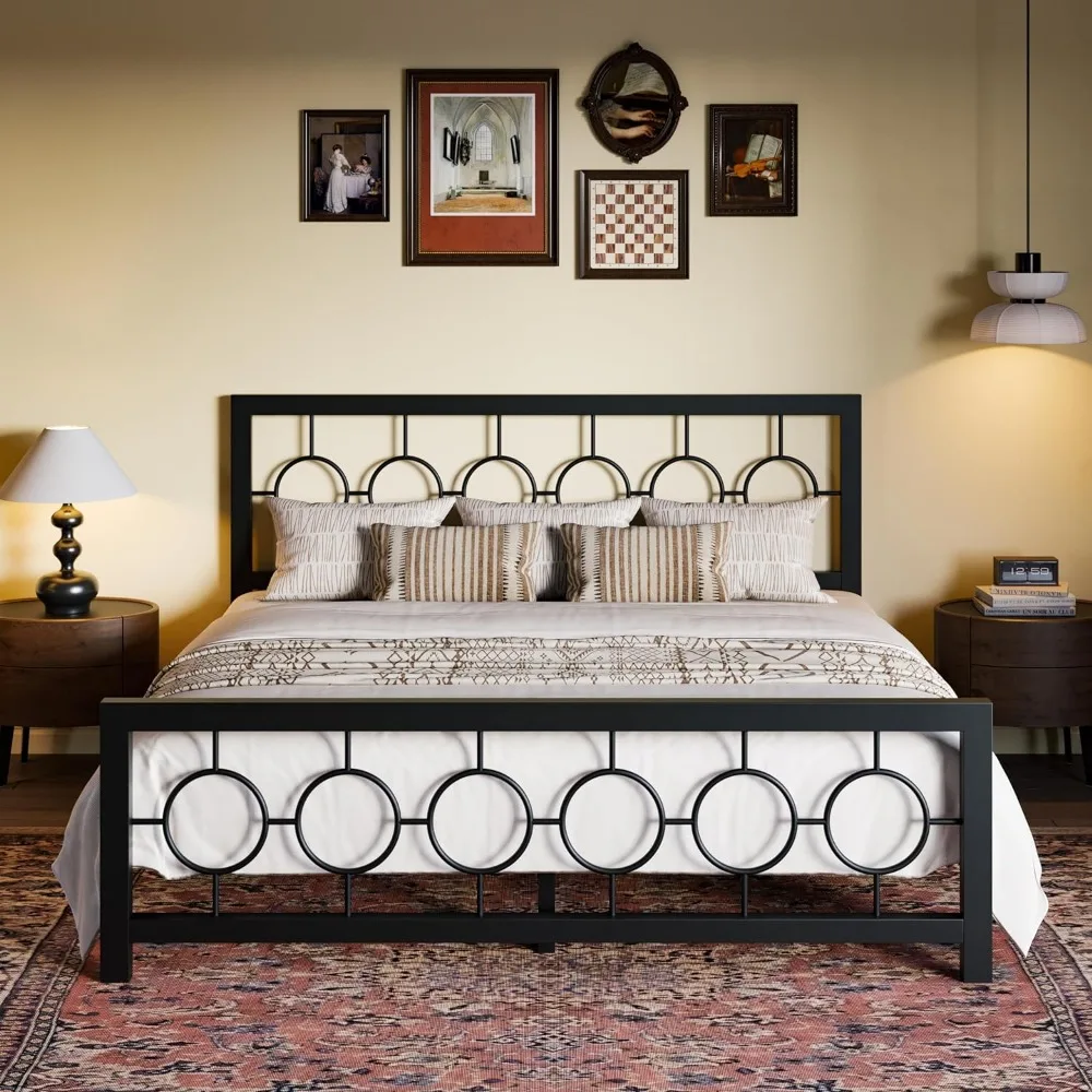 King Size Bed Frame with Vintage Circular Design Headboard and Footboard, No Box Spring Required, Bed Frame