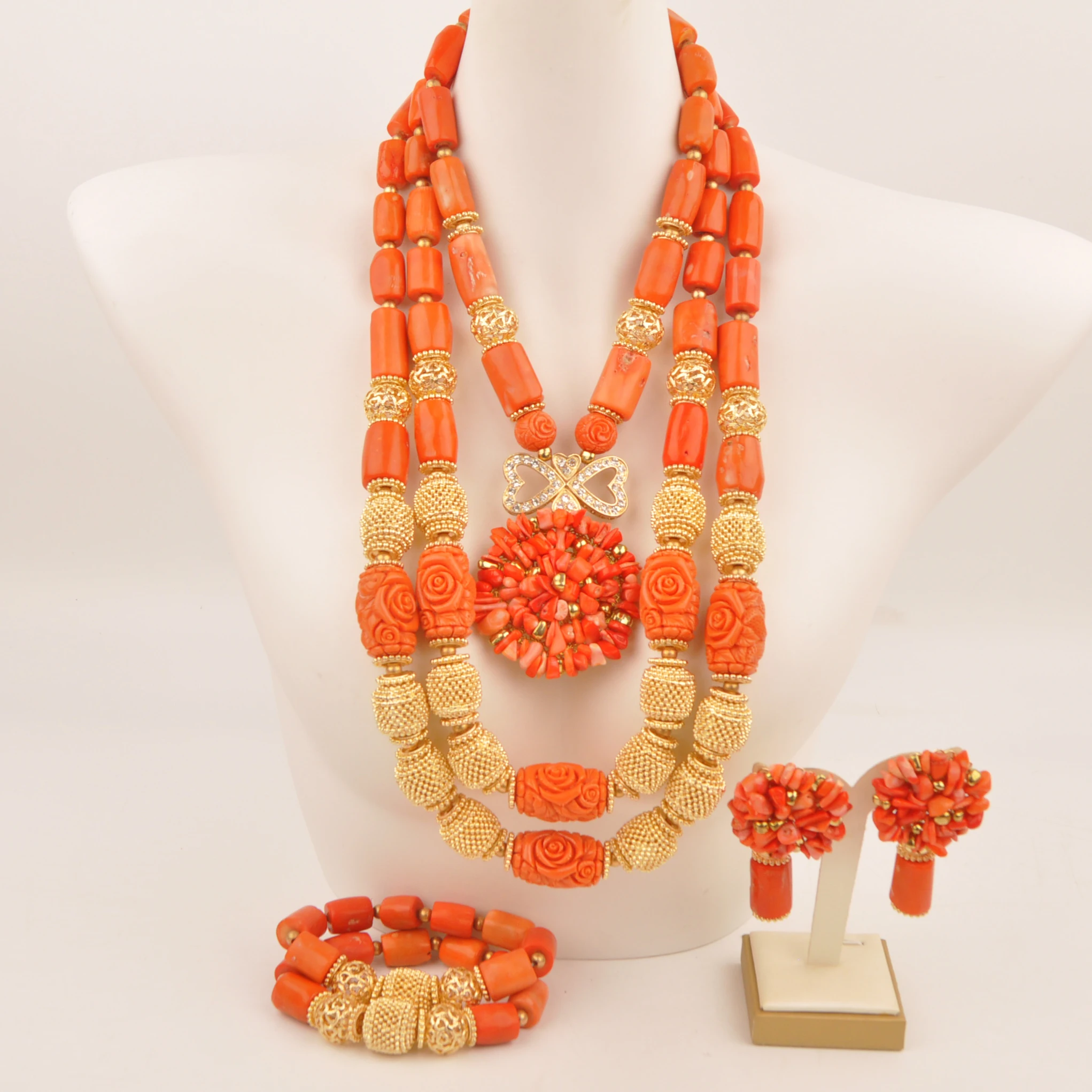 Orange Coral Bead Jewelry Set for Women