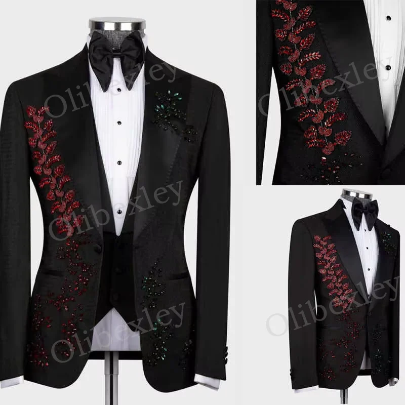 

High Quality Men's 2 Piece Suits Luxury Customized One Button Slim Fit Tuxedos For Business Wedding Groom Beaded Crystals