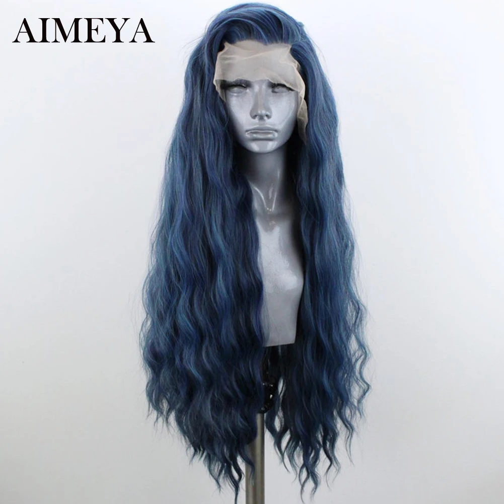 AIMEYA Dark Blue Wig Long Synthetic Hair Lace Wigs for Women Natural Hairline Deep Wave Synthetic Lace Front Wig Heat Ressitant