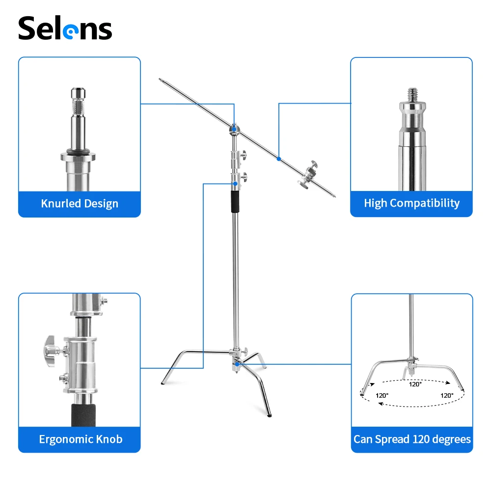 Heavy Duty Stainless Steel light stand backdrop stand C-Stand with Hold Arm and Grip Head for Photography Reflectors/Softboxes