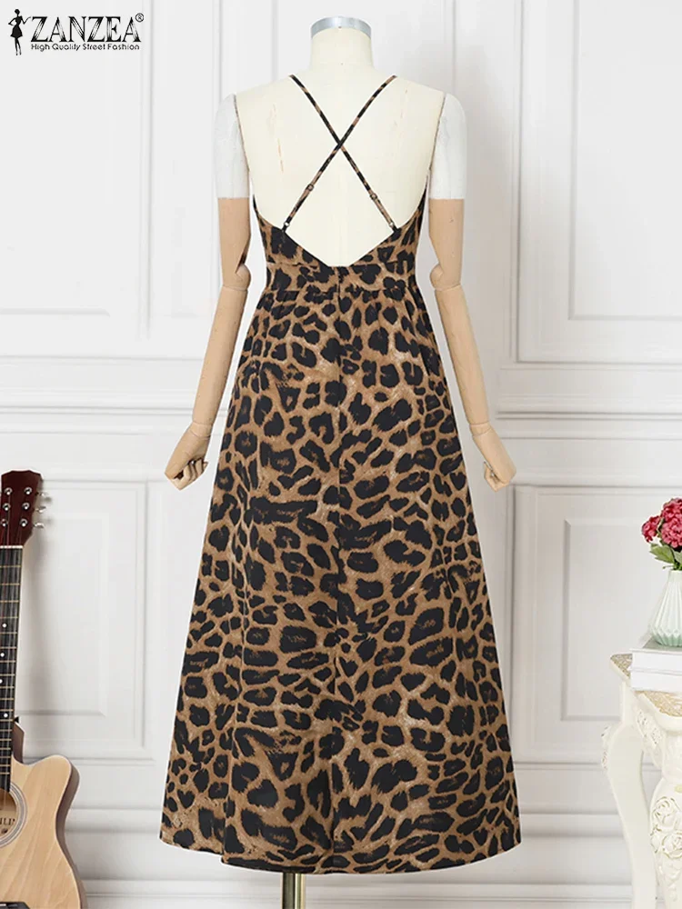 ZANZEA Sommer Böhmisches Langes Kleid Frauen Strap Halter Leopardenmuster Maxi Vestidos 2025, V-ausschnitt, Rückenfrei, Ärmellos, Party Sunrdess