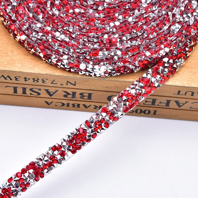 5 Yards 10mm Shiny Rhinestone Banding Tape Chain Hot Fix Resin Diamond Trim Iron on Strass Ribbon for Wedding Dress Belt Clothes