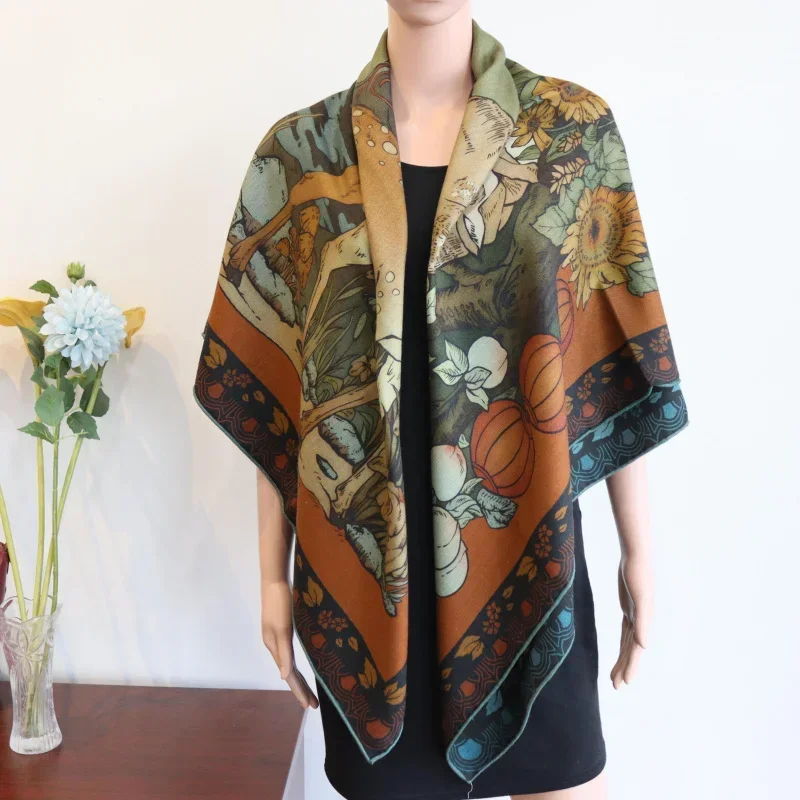 

High-end Elegant Women Exquisite Auspicious Elephant Double-sided Print Quality Silk Wool Handrolled Edge Square Scarf Shawls