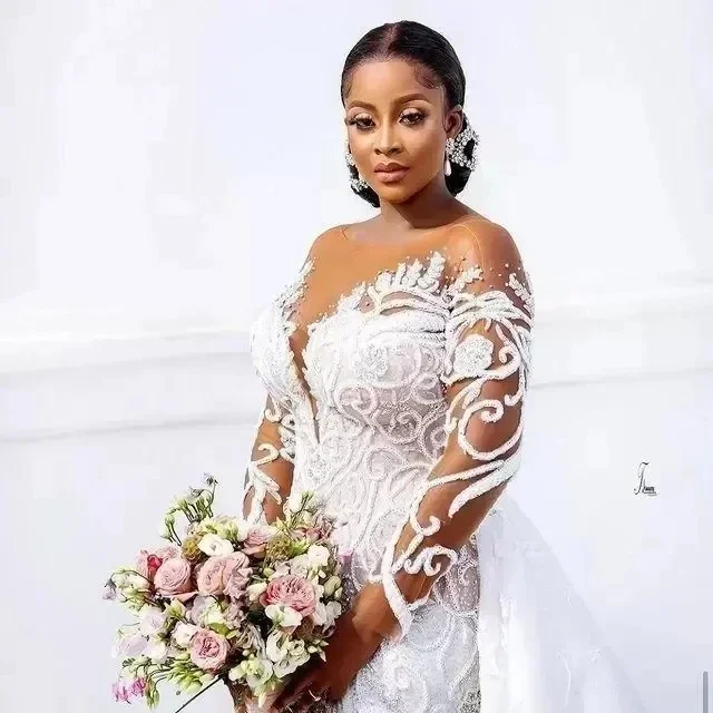 

Customized Plus Size Lace Mermaid Wedding Dresses Detachable Train Sheer Long Sleeves Beaded Lace Appliqued Bridal Gown Custom