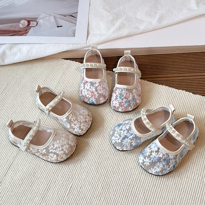 

Pink Blue Floral Embroidery Mesh Ballet Flat Baby Girl Elegant Pearl Strap Mary Jane Shoes Kid Wedding Party Lace Ballerina Shoe