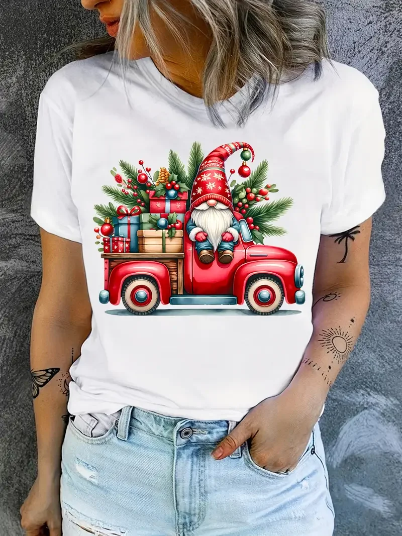 2026 عيد الميلاد جنوم الجرافيك تي شيرت قصير الأكمام الجولة الرقبة رداء علوي غير رسمي قابل للغسل عطلة حفلة المحملة للنساء مضحك جنوم هدية