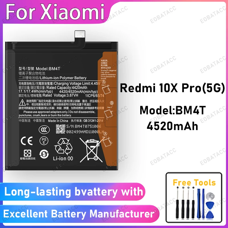 

100% New 4520mAh BM4T Battery For XIAOMI Redmi 10X Pro 5G Battery Replacement Bateria+Free Tools