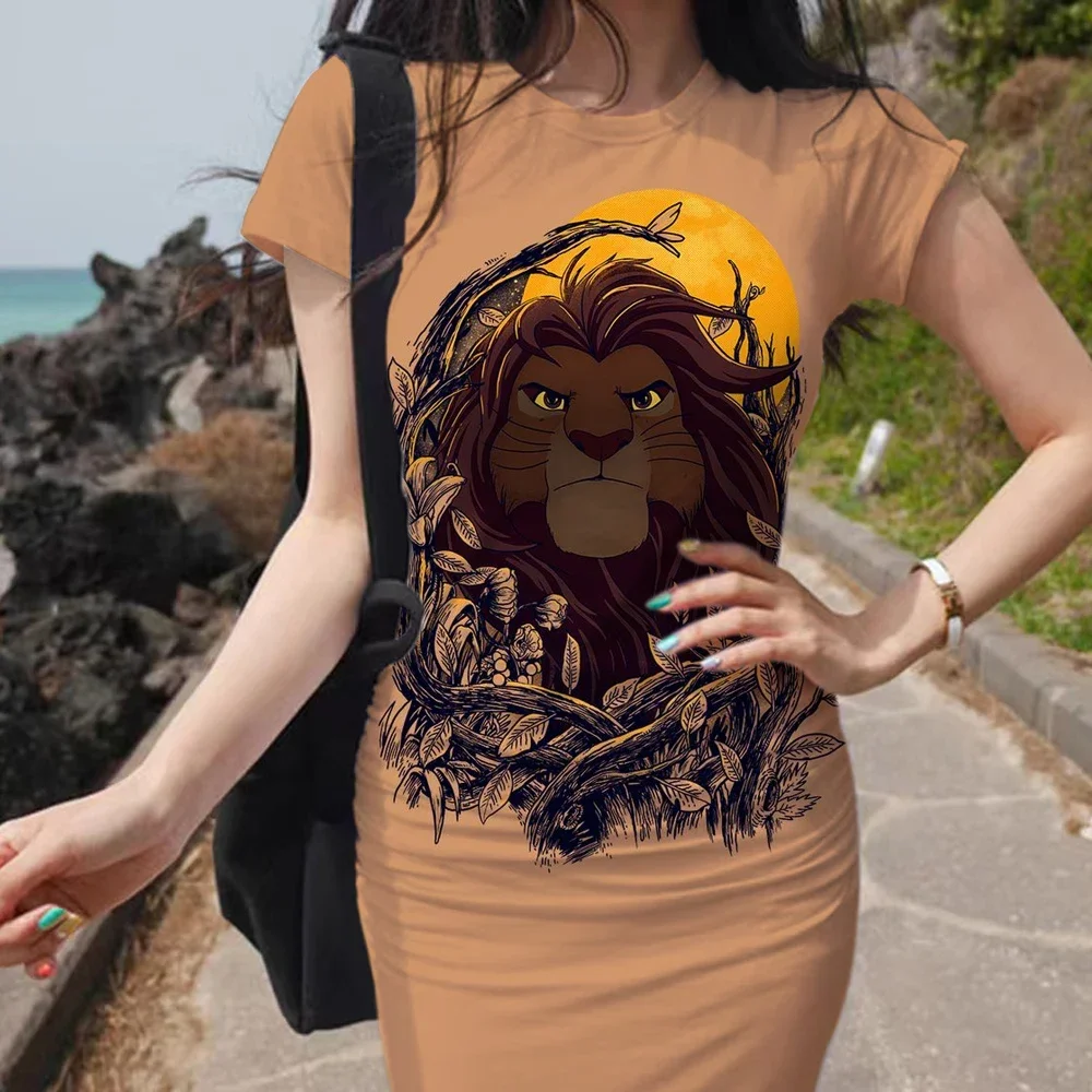 Summer Cartoon Disney Women\'s Lion King Printed Dress Summer Tight Short Sleeve Bag Hip Skirt Sexy Fashion Summer Slimming Dress