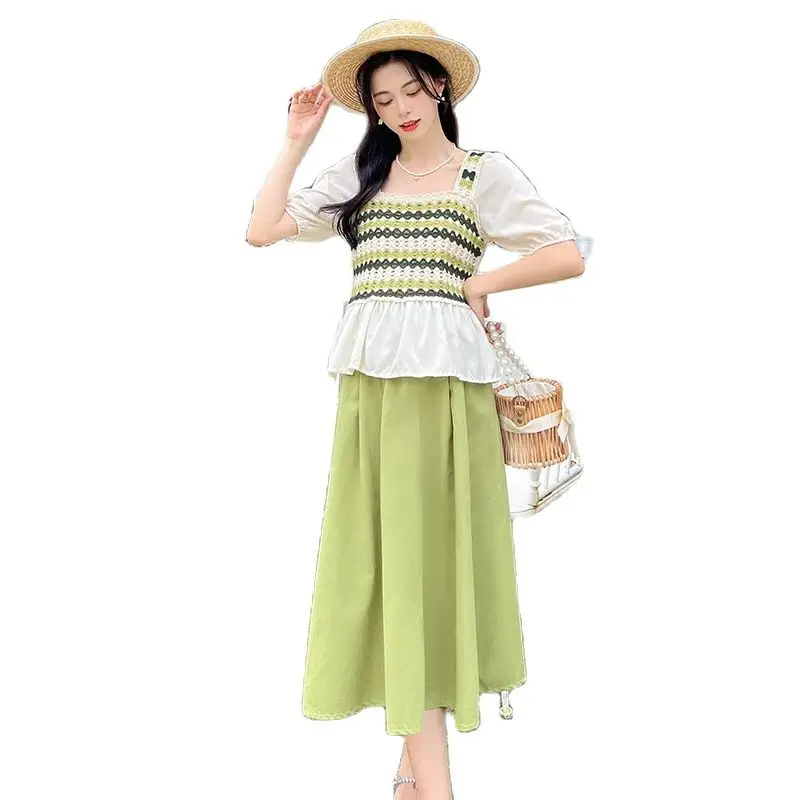 

Green Summer Maternity Clothes Set Square Collar Puff Sleeve Vintage Knitted Top+Belly Skirts Two Pieces Pregnant Woman Twinset