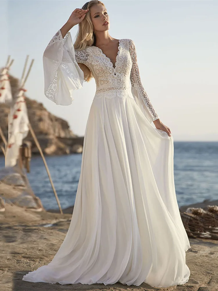 

CloverBridal Long Flare Sleeves Scalloped Neckline Backlesss Bride Dress Lace+Chiffon Vestido De Novias Free Customize WW8231