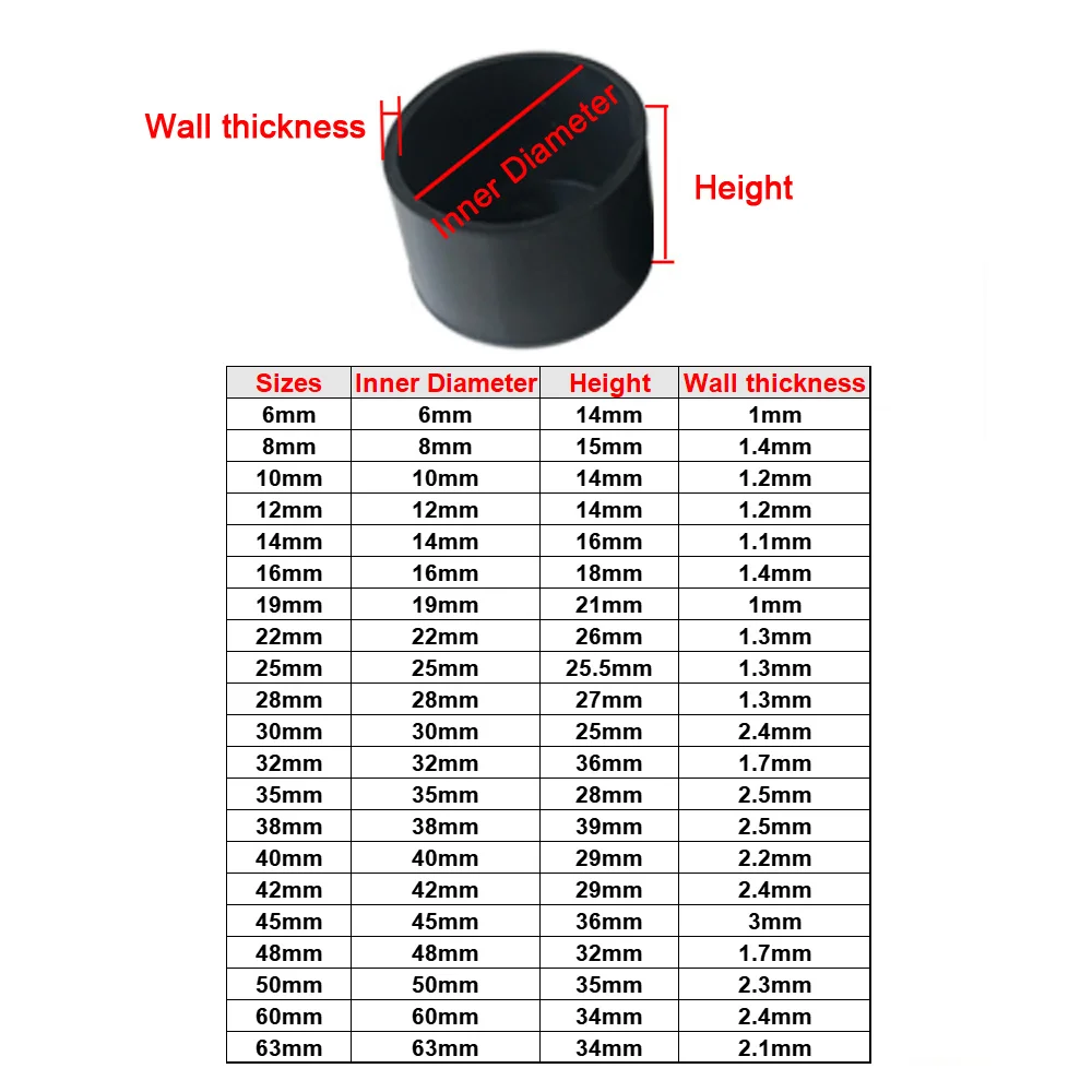 PVC Tabela Pipe End Cap, Preto Cadeira Foot Cap, tampas de protecção, borracha, 6mm-63mm, 2 pcs, 8 pcs