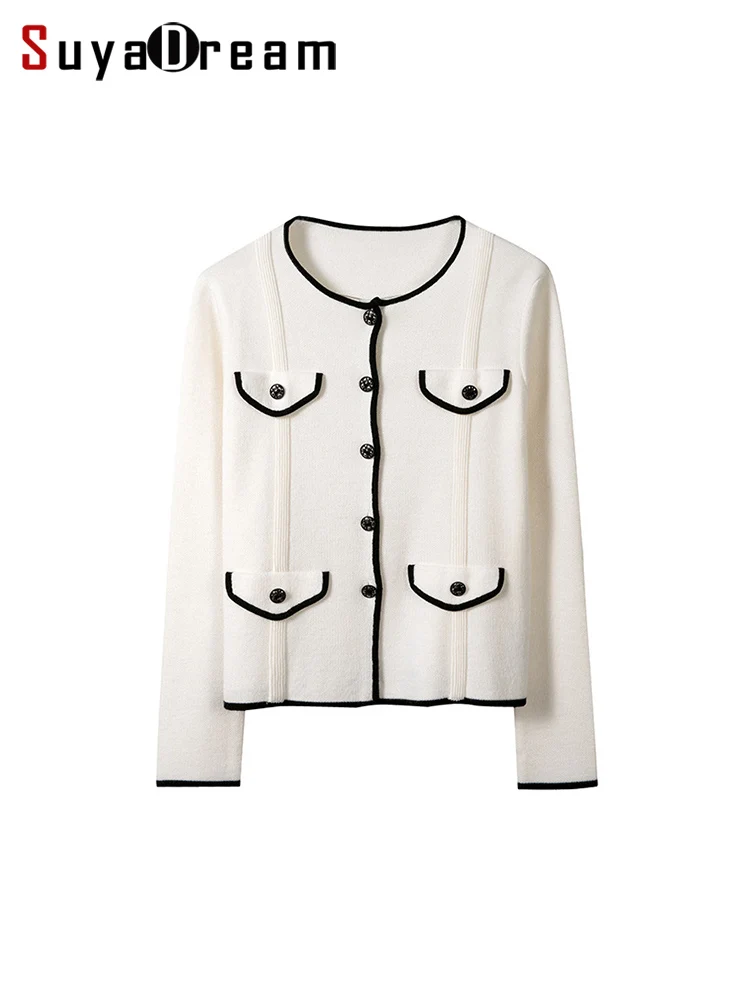 SuyaDream, Elegant Cardigans For Woman, 46.7%Wool, Round Neck Black Sweaters, 2024 Fall Winter Jackets, White