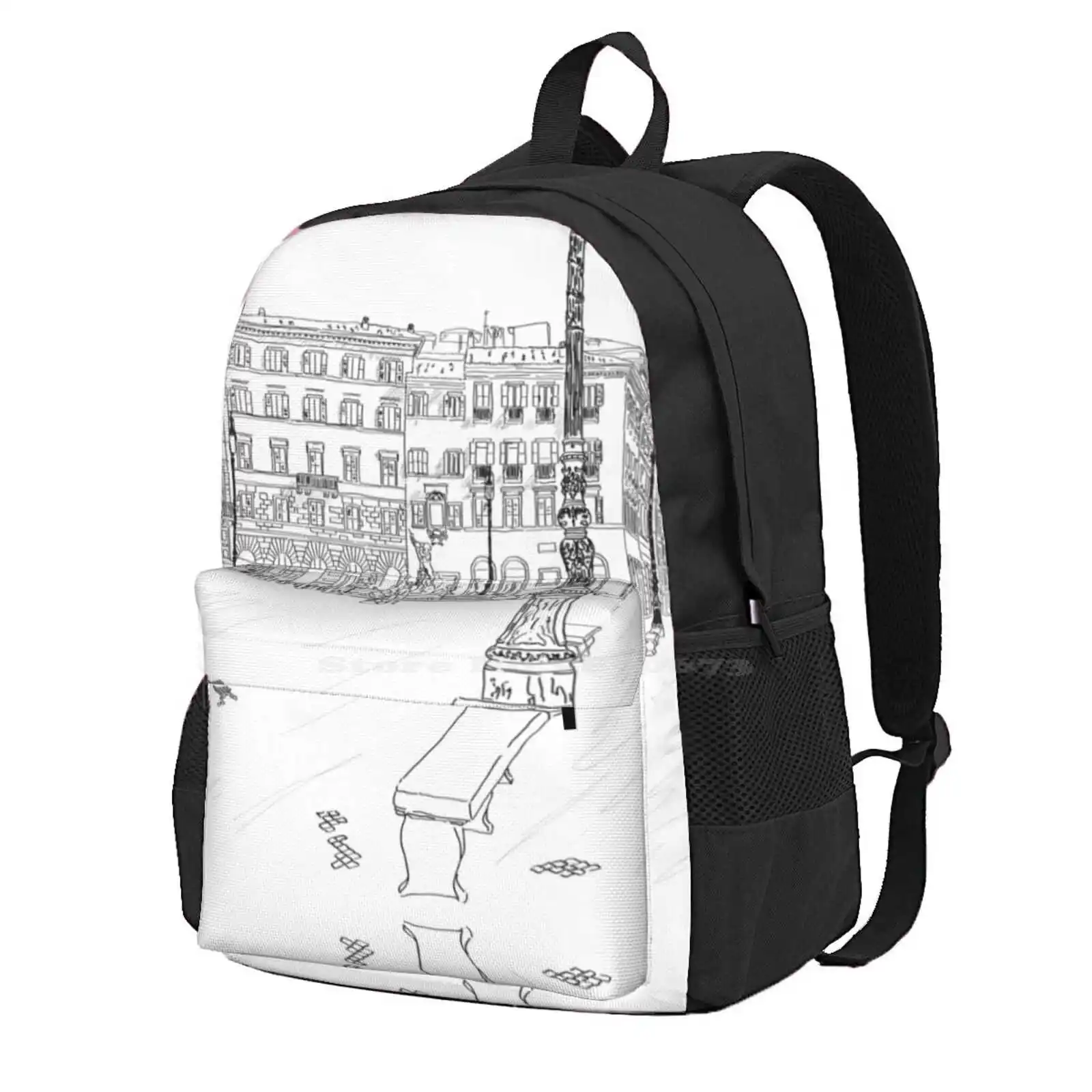 Black And White Sketch Of The Square. Hot Sale Schoolbag Backpack Fashion Bags Sketch Square Black And White Freehand Drawing