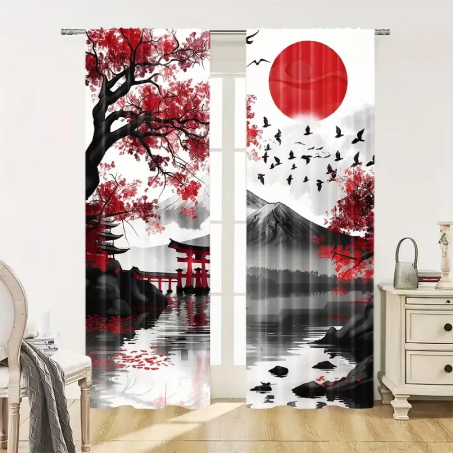 2 PCS Red Maple Fuji Curtains, Japanese Style Window Drapes for Living Room Bedroom Home Decor Polyester Rod Pocket Design