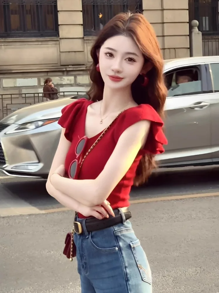 우아한 레드 니트 아이스 실크 여성용 탑 플라잉 슬리브 여름 신상 한국 스타일 슬림 핏 브이넥 반팔