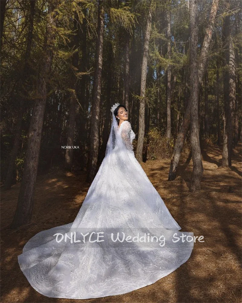 Glitter ชุดแต่งงาน 2024 ที่ถอดออกได้รถไฟ Veil ชุดเจ้าสาวแขนยาว Robe ไข่มุกลูกปัดคริสตัล Vestidos ที่กําหนดเอง