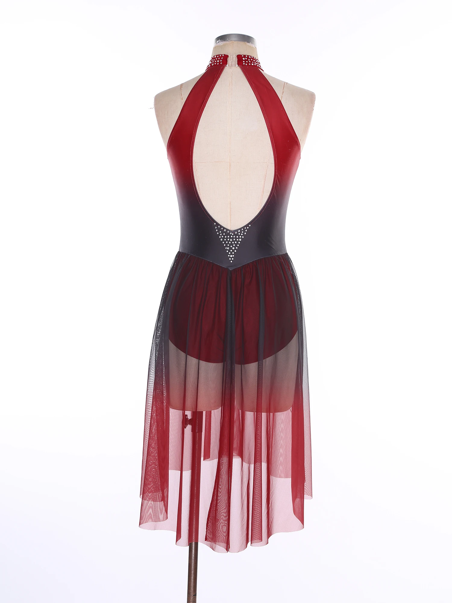 Women Lyrical Dance Dress Halter Cutout Back Shiny Rhinestones Gradient Color Sheer Mesh Patchwork Dress for Ballet Competition