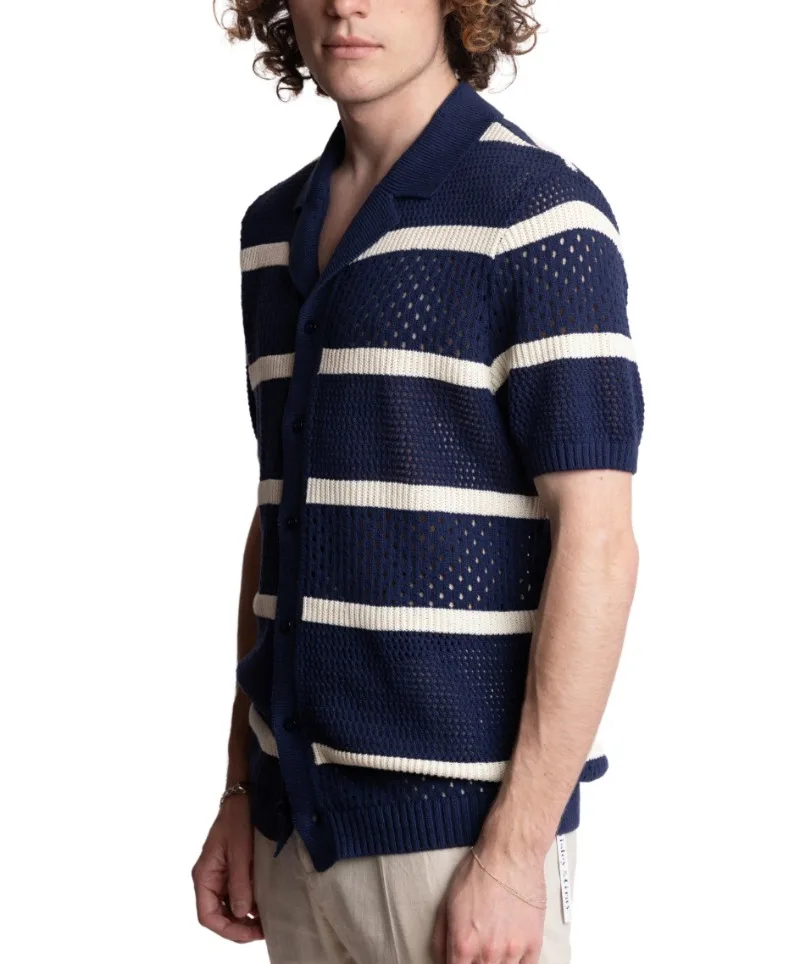 Vintage Gestreiftes Netz-Strickhemd für Herren Durchsichtiges Kurzarm-Hemd mit Knöpfen Y2K Streetwear Strand Urlaub Lässiges Polo-Oberteil – Detail 6
