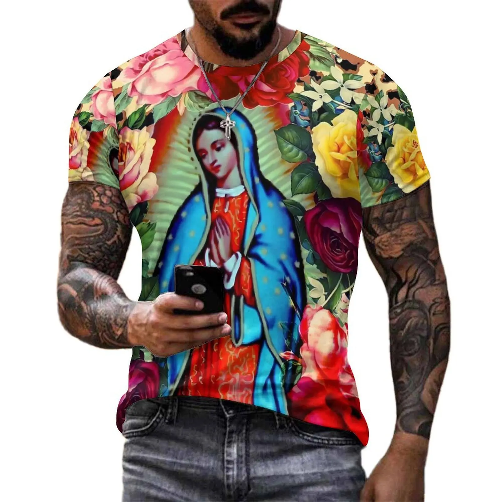 Floral Leopard Print T Shirt Our Lady Guadalupe Harajuku T-Shirts Men Casual Tee Shirt Summer Short Sleeve Design Tops Big Size