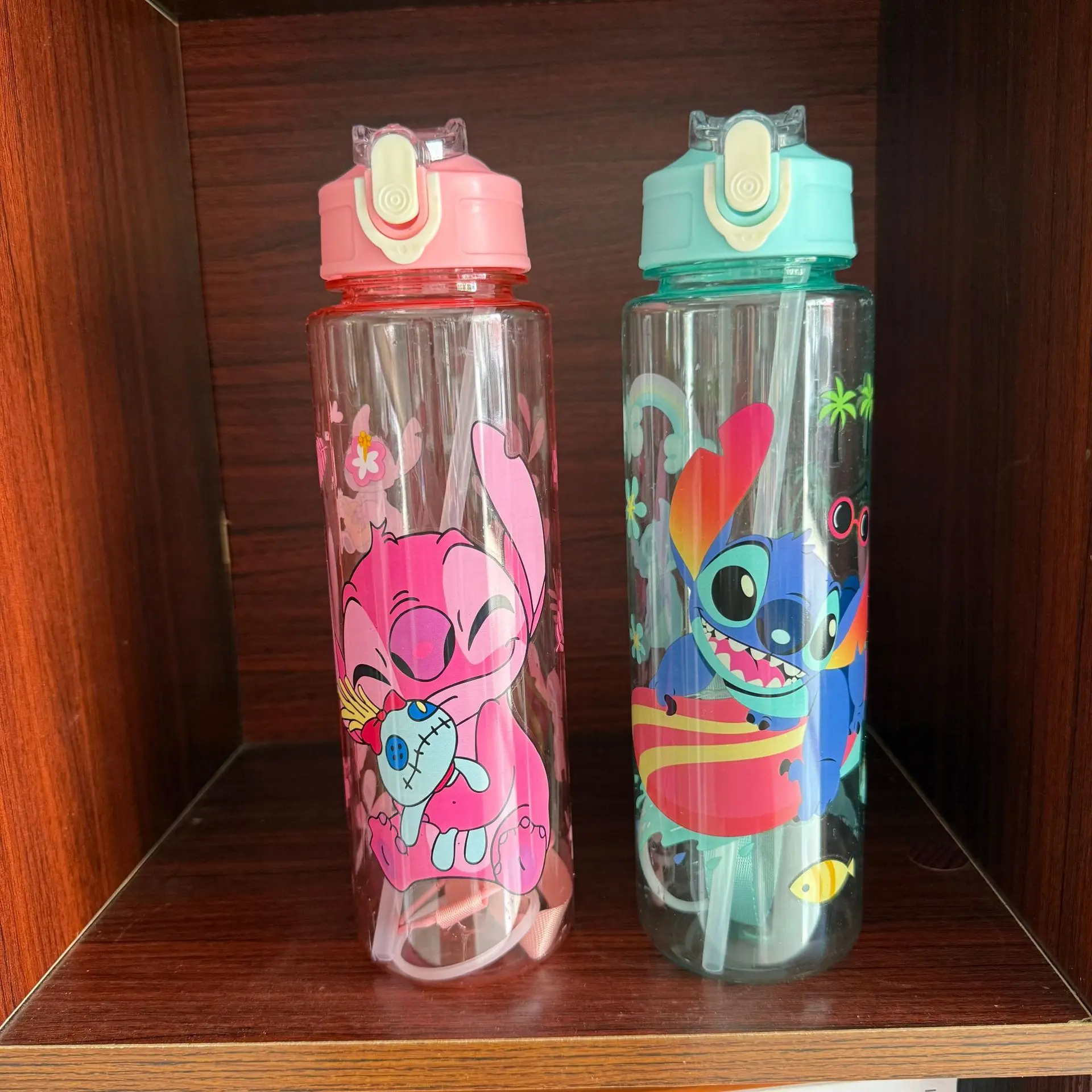 700ML 스티치 엔젤 만화 물병 회색 파란색 휴대용 플라스틱 대용량 만화 캐릭터 투명 컵 야외 스포츠 물병
