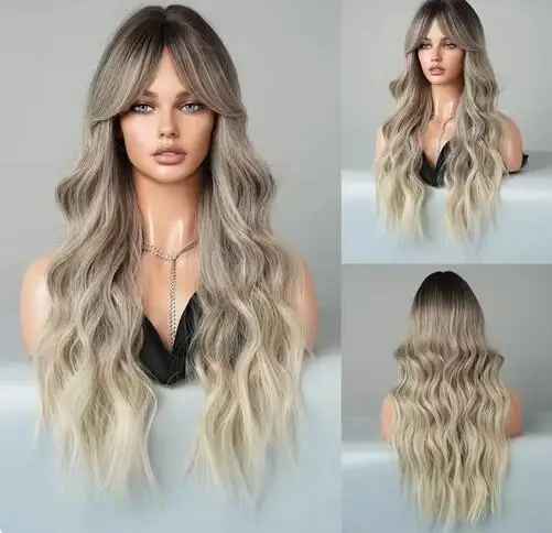 26“ Long Omber 2Style mix Blonde Brown Gradient Color Wavy Women’s Cosplay Hair Wig with Bangs