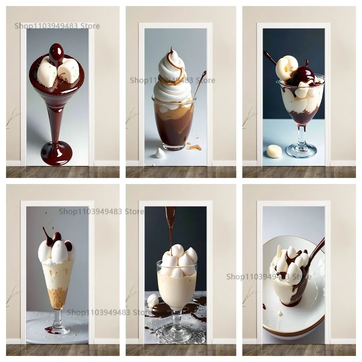 Dessert Collection Chocolate Ice Cream Mural Decals Self-adhesive Door Sticker for Full Door Covered Wallpaper Home Decoration